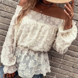 BLACK Like New WOTS Boho Fuzzy Off Shoulder Ruffle Blouse S M L XL